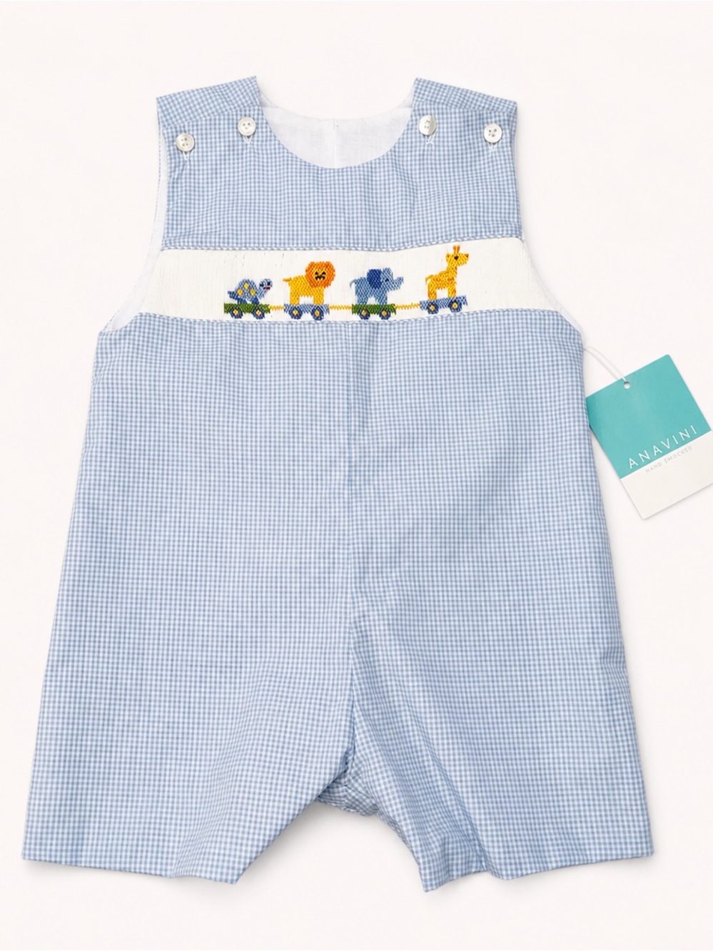 Anavini Blue Gingham Smocked Animal Train Boys Jon Jon